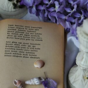 An open vintage book with poetry surrounded by purple flowers and seashells.